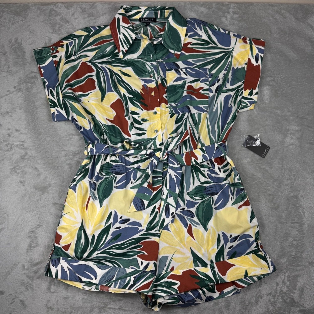 Eloquii Tropical Floral Belted Romper Women's Size 18 Button Front 100% Cotton